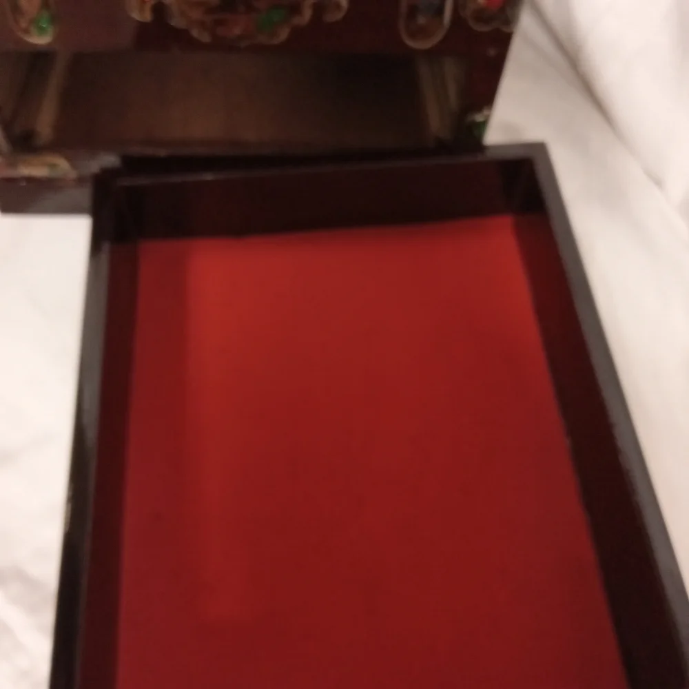 Vintage Asian Style Wooden Jewelry Box with Beveled Mirror